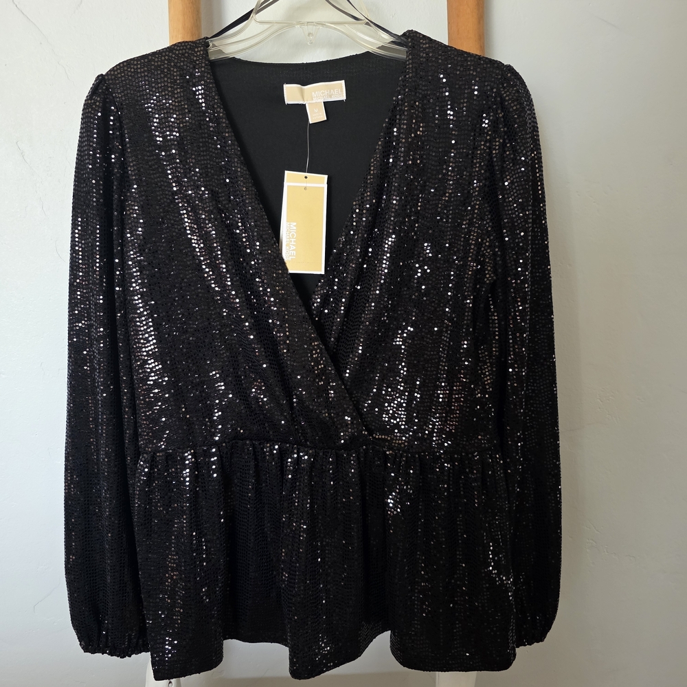 MICHAEL Michael Kors Black Mirror Dot Sequin Faux-Wrap Top Blouson Sleeve